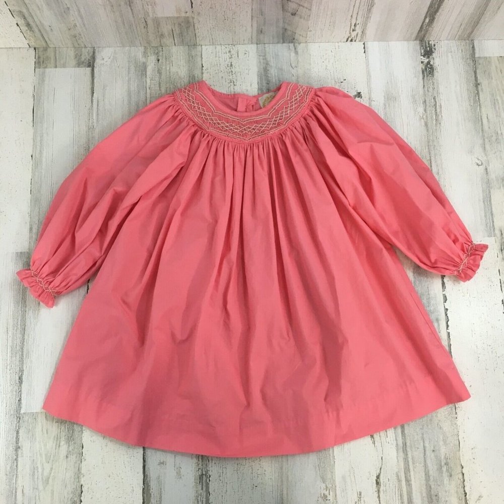 The Beaufort Bonnet Company 8 Long Sleeve Sandy Smocked Dress Parrot Cay Coral